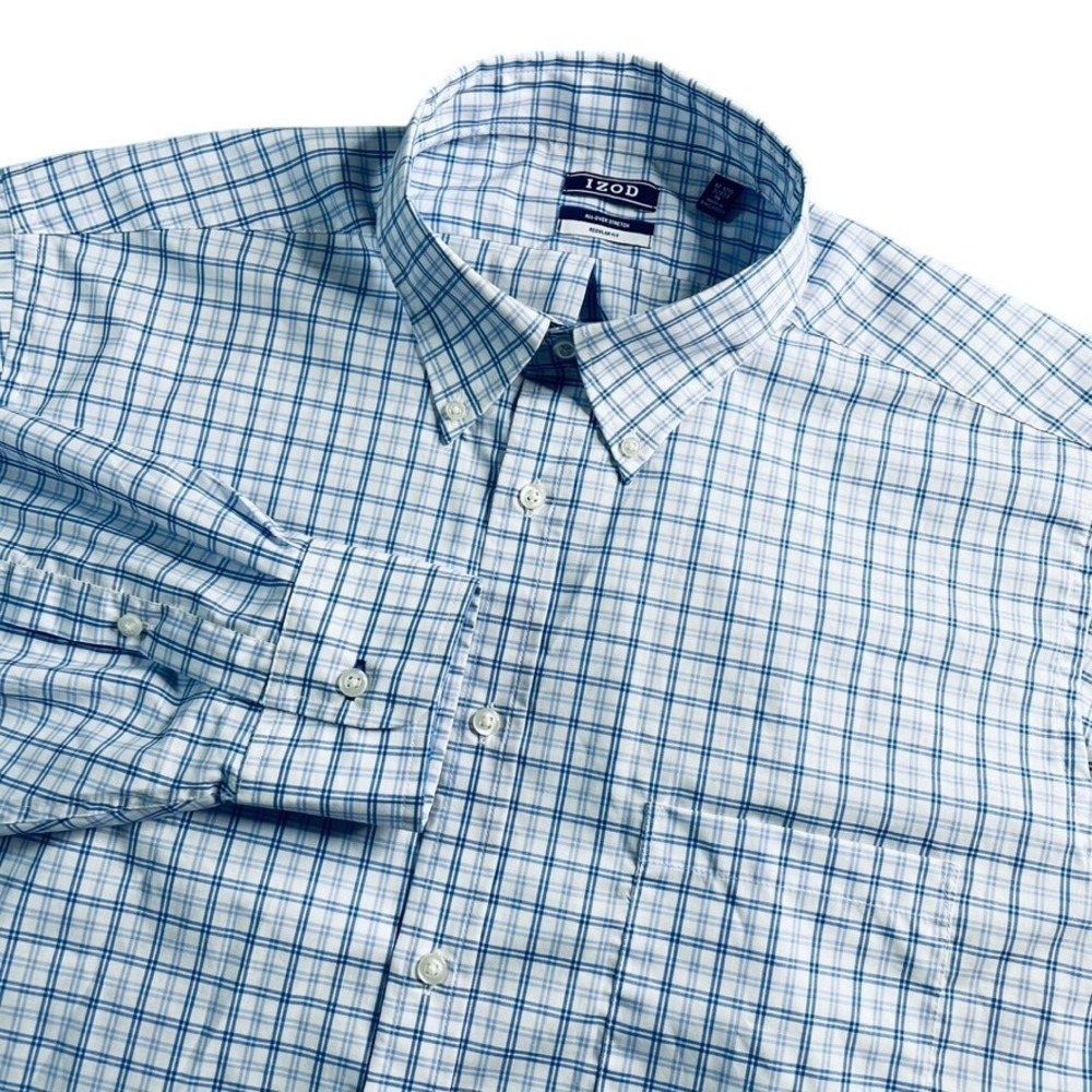 IZOD Men's Blue White Plaid Button Down Shirt XL All Over Stretch Regular Fit